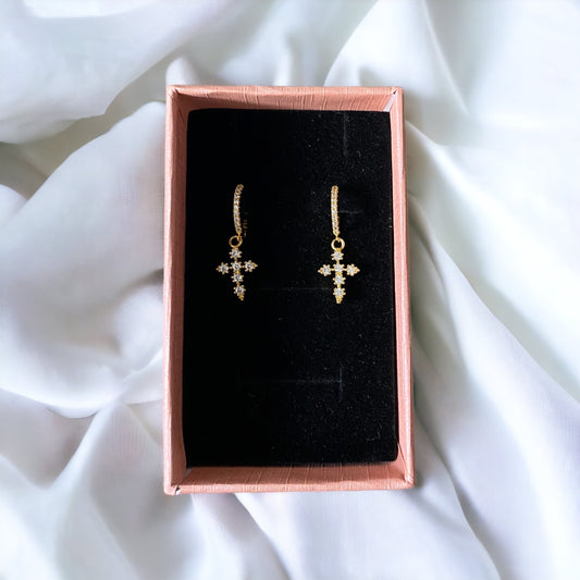 Crystal cross huggie earrings